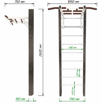 Деревянная шведская стенка «Кастерли» Черный с турником белые ступени