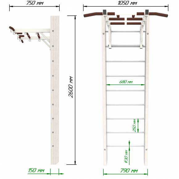 Деревянная шведская стенка «Кастерли» White с турником белые ступени